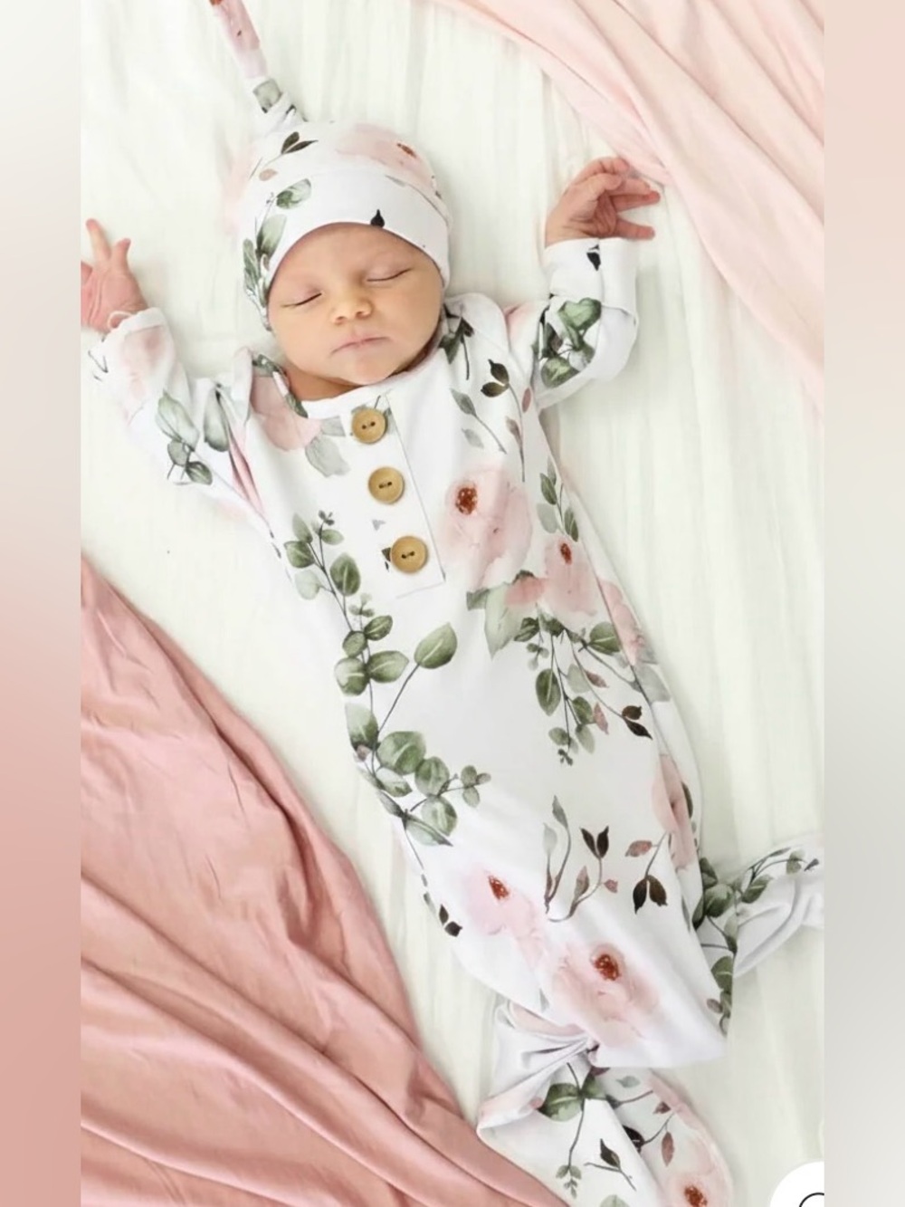 Newborn Baby Girl Pink Floral and Eucalyptus Knotted Gown and Hat 0-3 Months